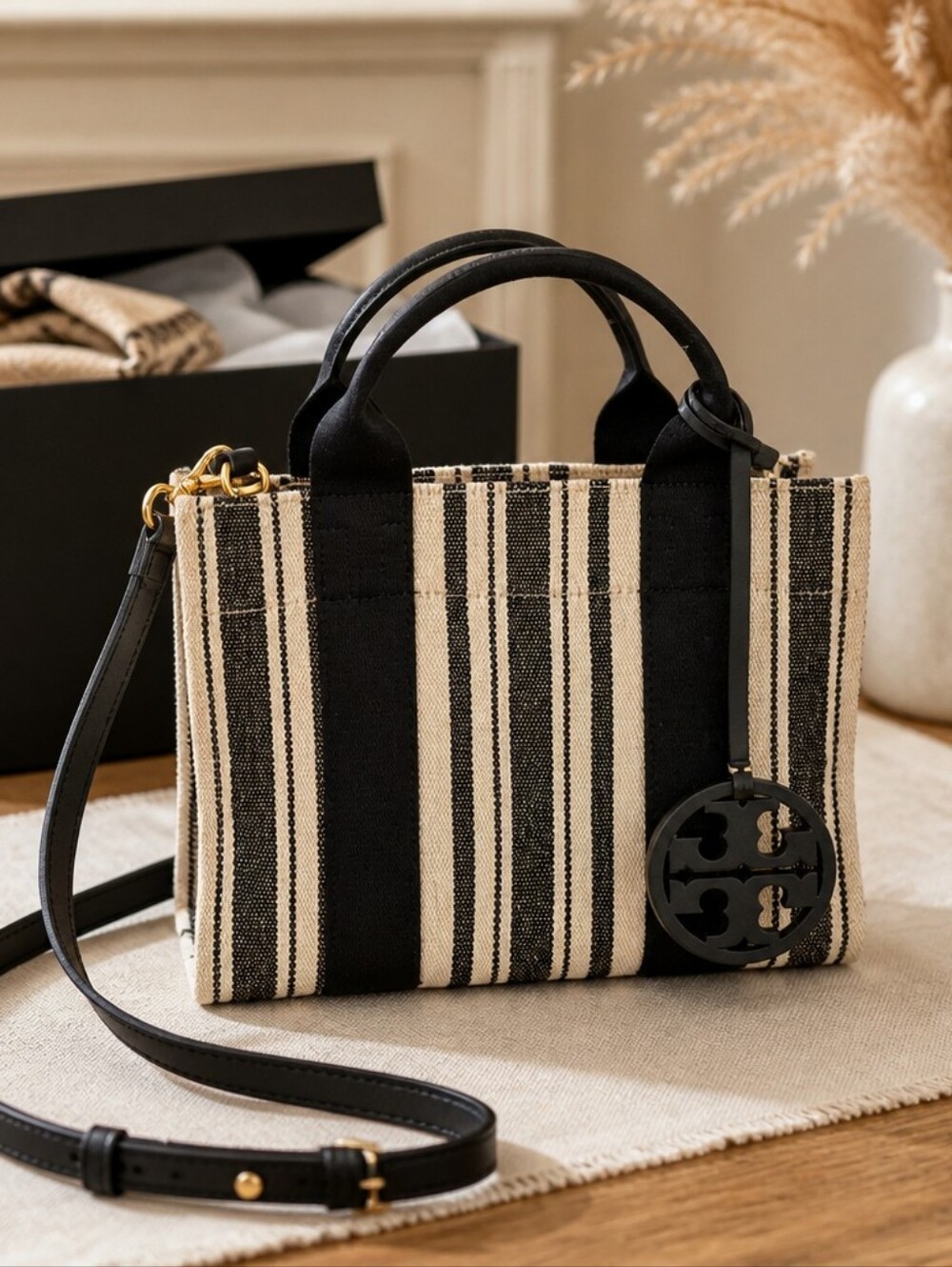 Tory Burch Blue & Cream Striped Crossbody Tote With Large Tory Emblem EUC
